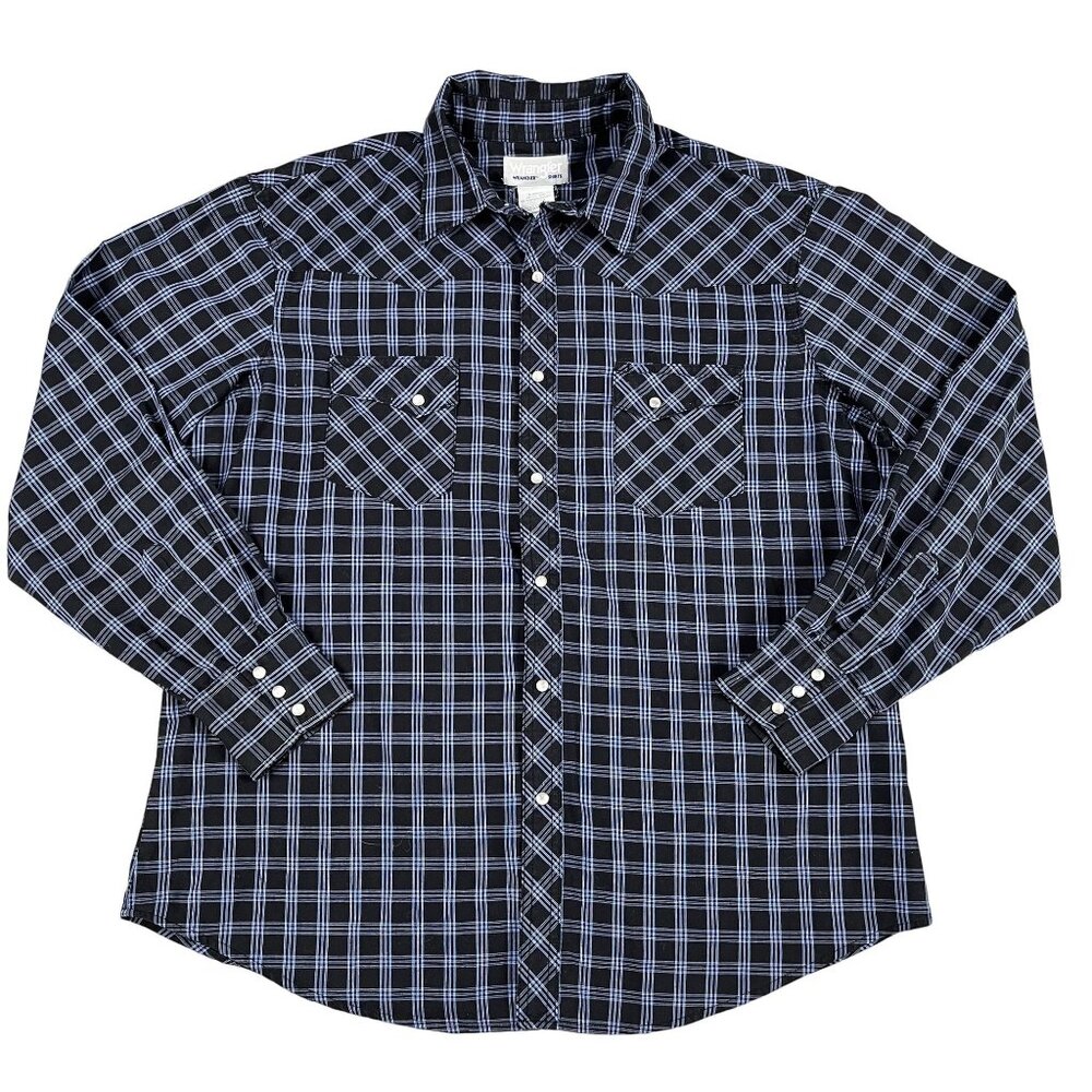 Wrangler Rancher Shirt Blue Plaid Pearl Button Down Western Shirt Sz XL